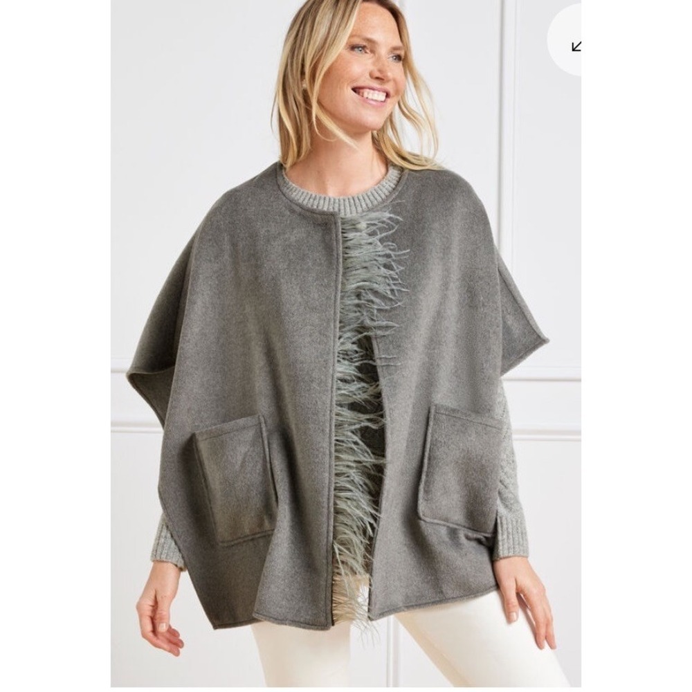 Talbots Ruana Coat Feather Trim Wool Blend‎ Size M/L  Gray Boho Lagenlook